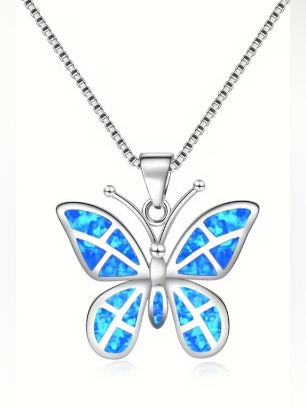 Silver Blue Opal Butterfly Pendant Necklace